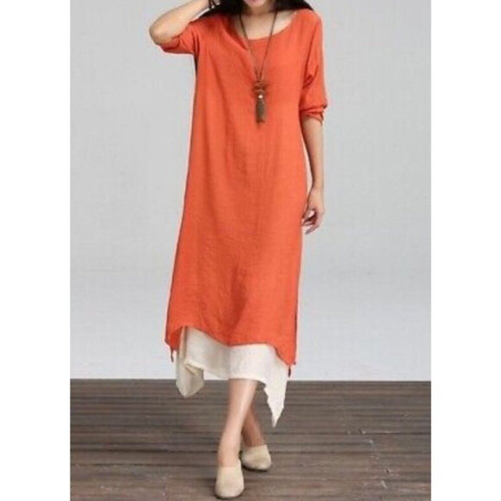 Boho Burnt Orange Layered Midi Dress Long Sleeve Handkerchief‎ Hem Lagenlook